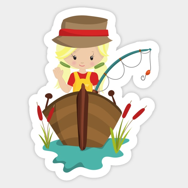 Fishing Girl, Fishing Rod, Fisherman, Blonde Hair - Fishing Girl - Sticker