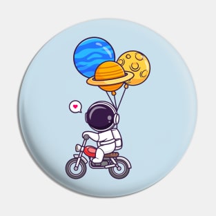 Cute Astronaut Riding Motorcycle With Planet Balloon Cartoon Pin