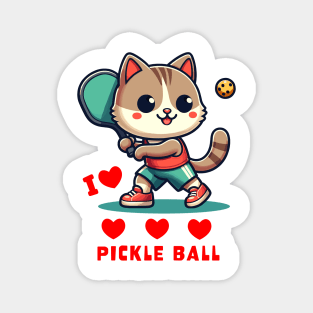 I Love Pickle Ball, Cute Cat playing Pickle Ball, funny graphic t-shirt for lovers of Pickle Ball and Cats Magnet