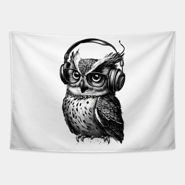 Owl Drawing Wearing Headphones Tapestry by ArtisticCorner