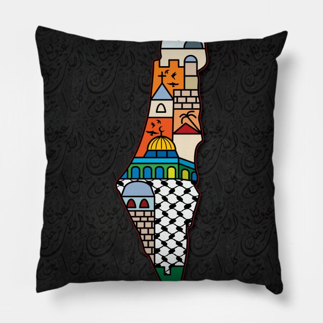 I Love Palestine My Homeland Palestinian Map with Kufiya Hatta Pattern and Most Sacred Cites In Jerusalem -wBG Pillow by QualiTshirt