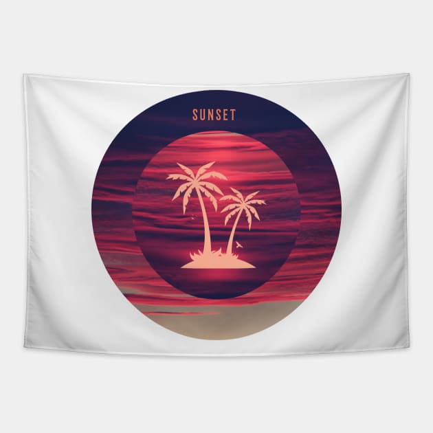 Palm trees with a background of pink clouds Tapestry by Creastore