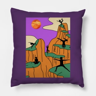Animated Yoga Mountains Sun and River Graphic Pillow