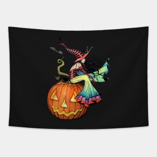 One Giant Pumpkin Halloween Witch and Cat Tapestry