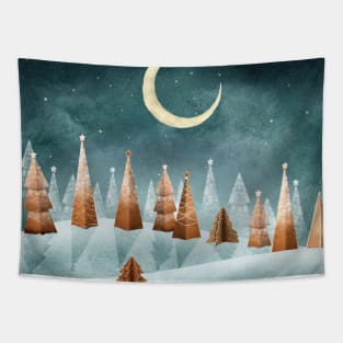 Magic winter forest watercolor illustration. Gingerbread Christmas trees winter landscape. Fantasy Candy world moonlight scenery. Cookie trees Tapestry