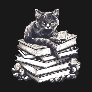 Bookish cat sleeping on books - Kitten lady & librarian gift T-Shirt