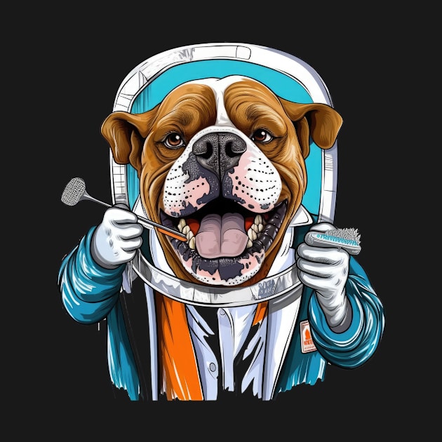 an English Bulldog wearing a dentist's coat and holding a toothbrush by teestore_24