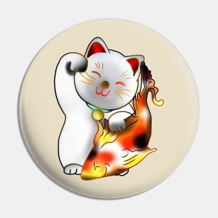 Right paw white maneki neko lucky cat with fish Pin