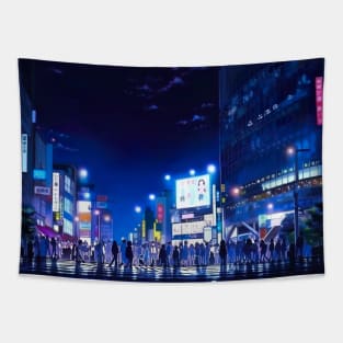 Shibuya Crossing in Tokyo at Night Cityscape - Anime Wallpaper Tapestry