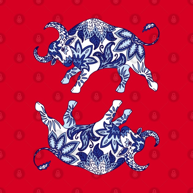 Paisley Oxen (Blue and Red Palette) by illucalliart