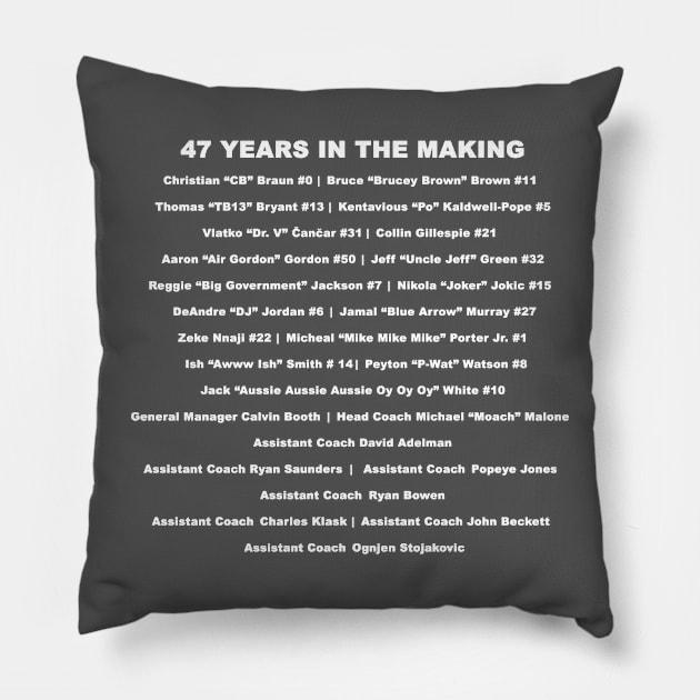 Denver Nuggets 47 Years in the Making White Pillow by Statewear