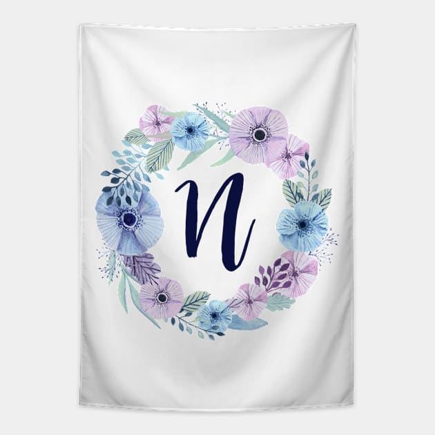 Floral Monogram N Icy Winter Blossoms Tapestry by floralmonogram