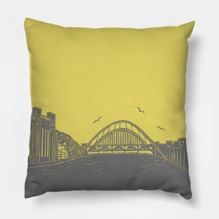 Tyne Bridge and Bridges of NewcastleGateshead Quayside Linocut in Yellow and Grey Pillow