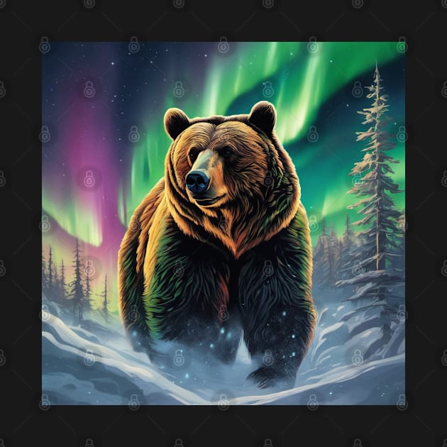 Brown Bear with Forest and Borealis, Colorful, Beautiful by BirdsnStuff