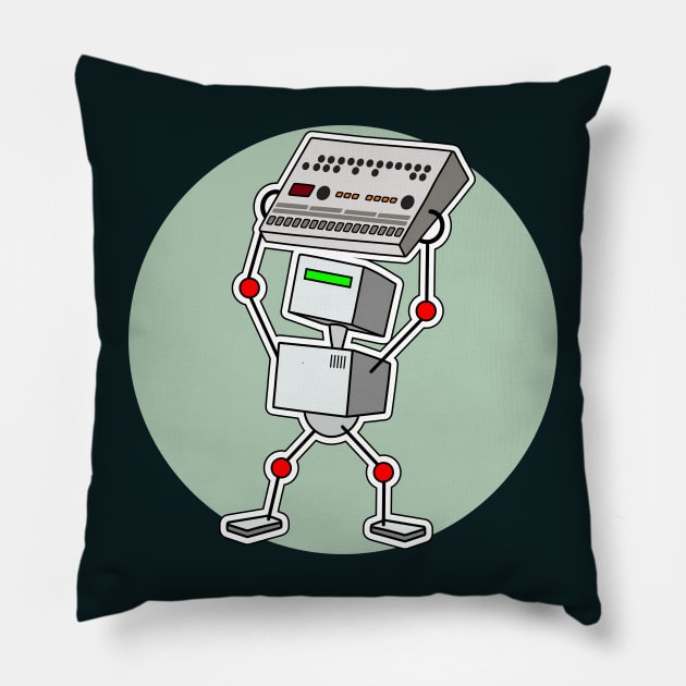 Robot Holding Drum Machine Green Pillow by Atomic Malibu