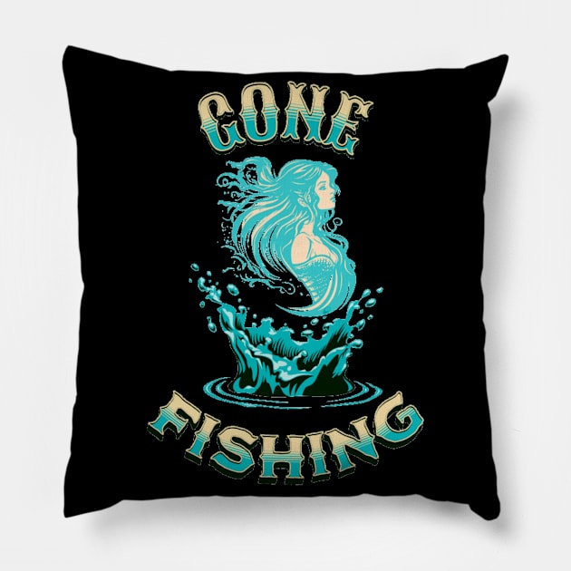 Gone Fishing Mermaid Sunset Pillow by Boo Face Designs