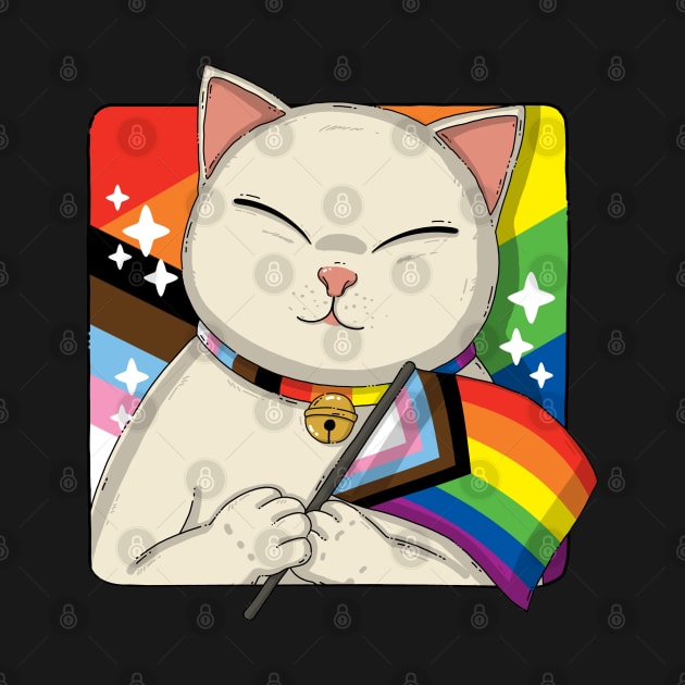 Cute Cat Holding Progress Pride Flag by Japanese Neko