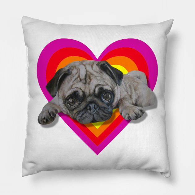 Adorable realistic pug painting on a digital vibrant heart - Pug - Pillow