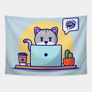 Cute Cat Working On Laptop With Coffee Cup Cartoon Vector Icon Illustration Tapestry