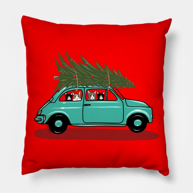 Bringing Home the Christmas Tree Teal Pillow by KilkennyCat Art