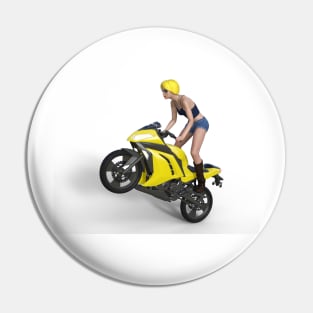 Stun lady on a yellow motorcycle Pin