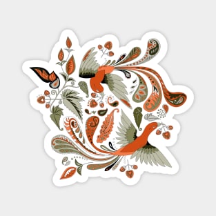 birds and begonia paisley - orange/olive green Magnet