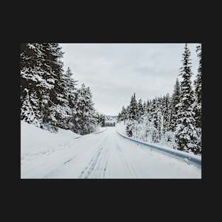 White Winter in Scandinavia - Remote Road Through Fir Tree Forest T-Shirt