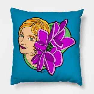 Blonde Woman with Large Pink Flower Pillow