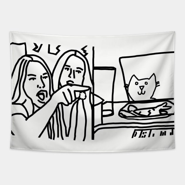 Woman Yelling at Cat Meme Humor Line Drawing Tapestry by ellenhenryart