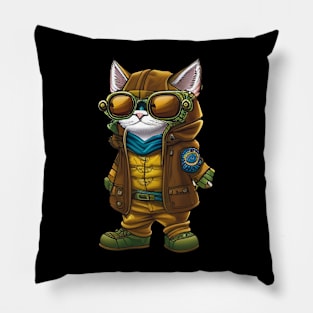 Steampunk Cat in Goggles and Jacket Pillow