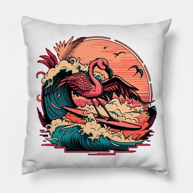 Surfing Pink Flamingo Pillow by BDAZ