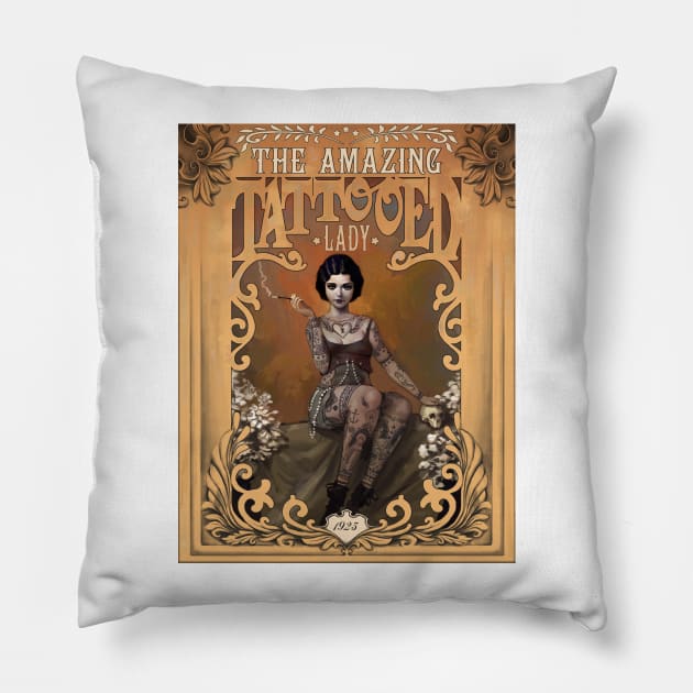 The Amazing Tattooed Lady Pillow by RudeOne