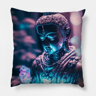 Buddah holding a crystal in a garden on a stary night Pillow