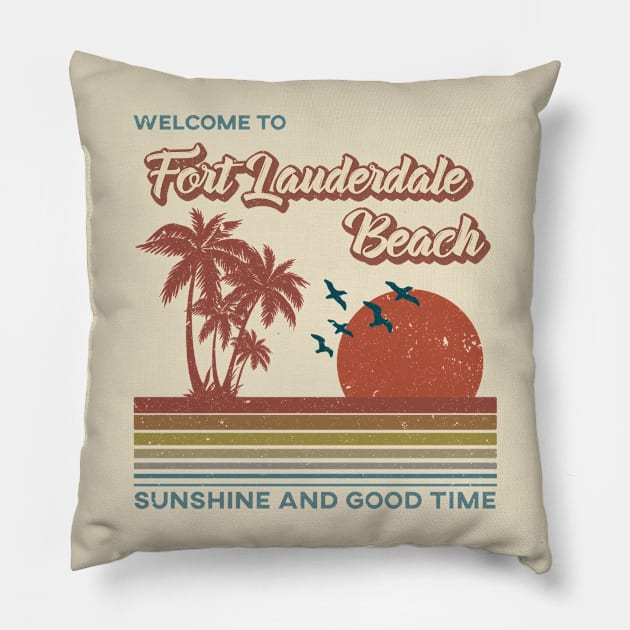 Fort Lauderdale Beach - Fort Lauderdale Beach Retro Sunset Pillow by Mondolikaview