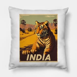 India Tiger Vintage Travel Art Poster Pillow