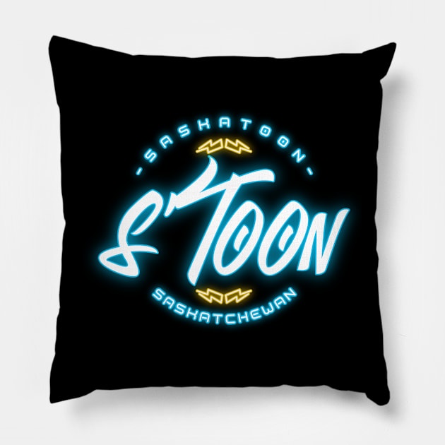 Neon Glow Stoon: Saskatoon Saskatchewan Nightlife Pillow by Stooned in Stoon