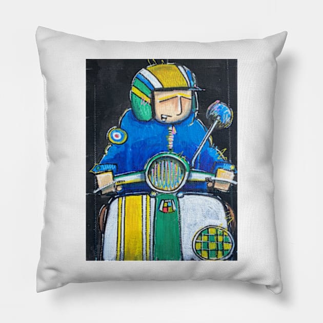 Retro Scooter, Classic Scooter, Scooterist, Scootering, Scooter Rider, Mod Art Pillow by Scooter Portraits