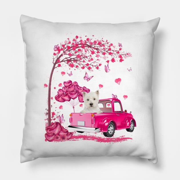 Valentine's Day Love Pickup Truck West Highland White Terrier Pillow by Vintage White Rose Bouquets