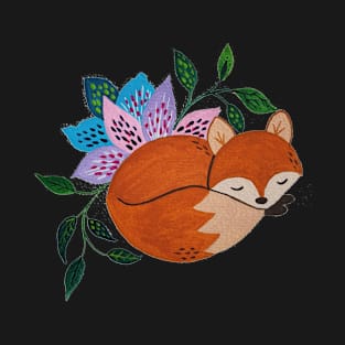 Little Fox and Floral Pattern in Acrylic Style T-Shirt