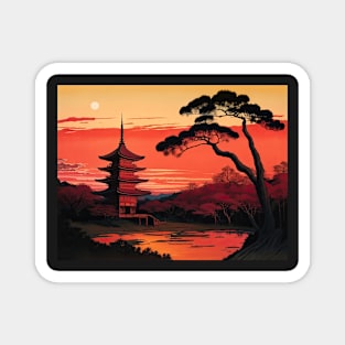 Ukiyo-e Japanese Art - Red Pagoda at Sunset Magnet