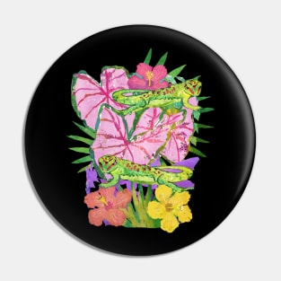 Tropical Gecko with Hibiscus Flowers Pin