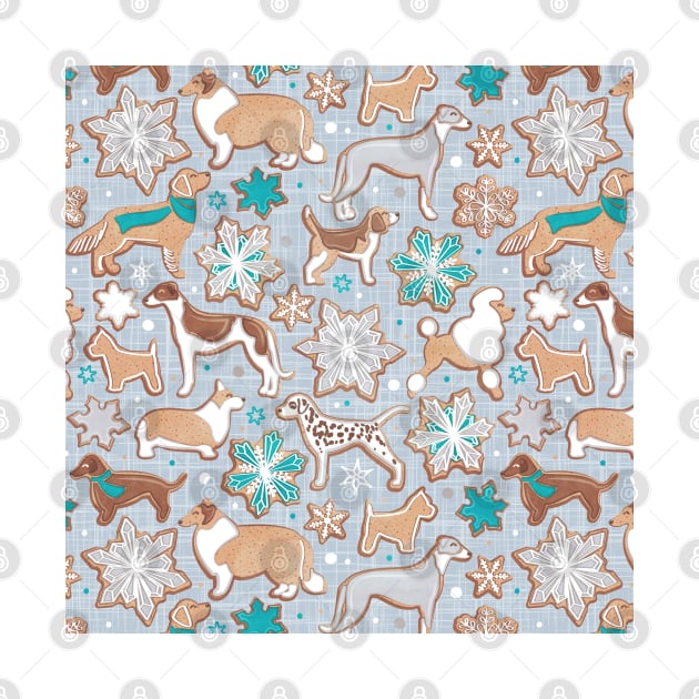 Catching ice and sweetness // pattern // pastel blue background gingerbread white brown grey and dogs and snowflakes turquoise details by SelmaCardoso