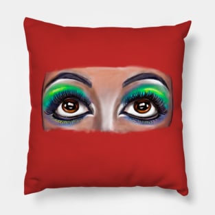 Lashes eyelashes, brown eyes looking upwards with green eye shadow on pink background. The eyes have it, beauty is in the eye of the beholder Pillow