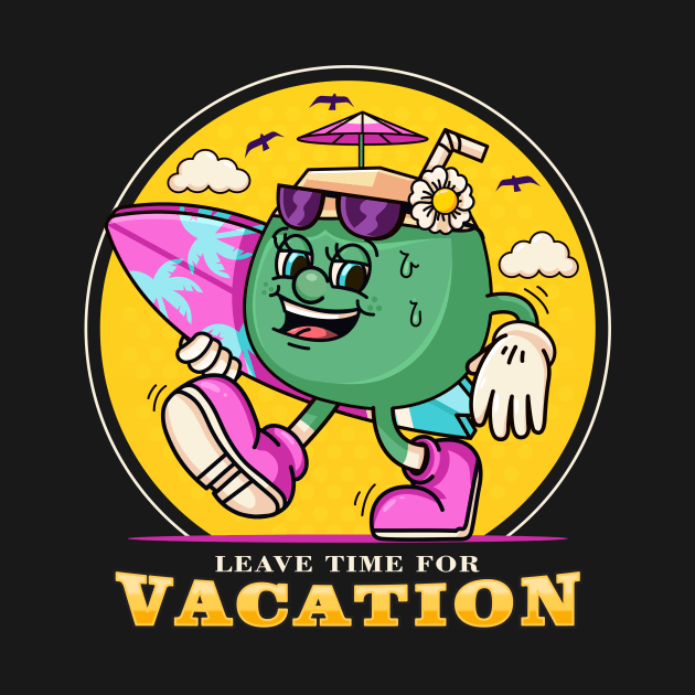 Vacation, cartoon mascots drink young coconuts while carrying surfboards by Vyndesign