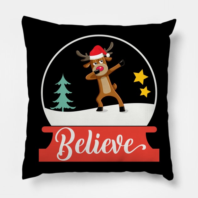 Funny Dabbing Reindeer Dab Rudolph Believe Snow Globe Christmas Gifts For Men Women and Kids Pillow by BadDesignCo