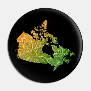 Colorful mandala art map of Canada with text in green and orange Pin
