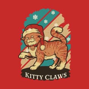 Christmas Kitty Claws Cat in Red White Santa Hat with Bell T-Shirt