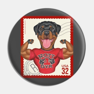 Funny Rottweiler with muscles on classic stamp Pin