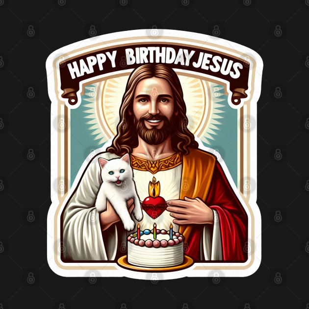 Happy Birthday Jesus with a White Cat and Birthday Cake by Plushism