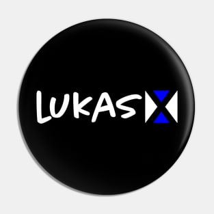 Blue and White Lukas X Logo Pin